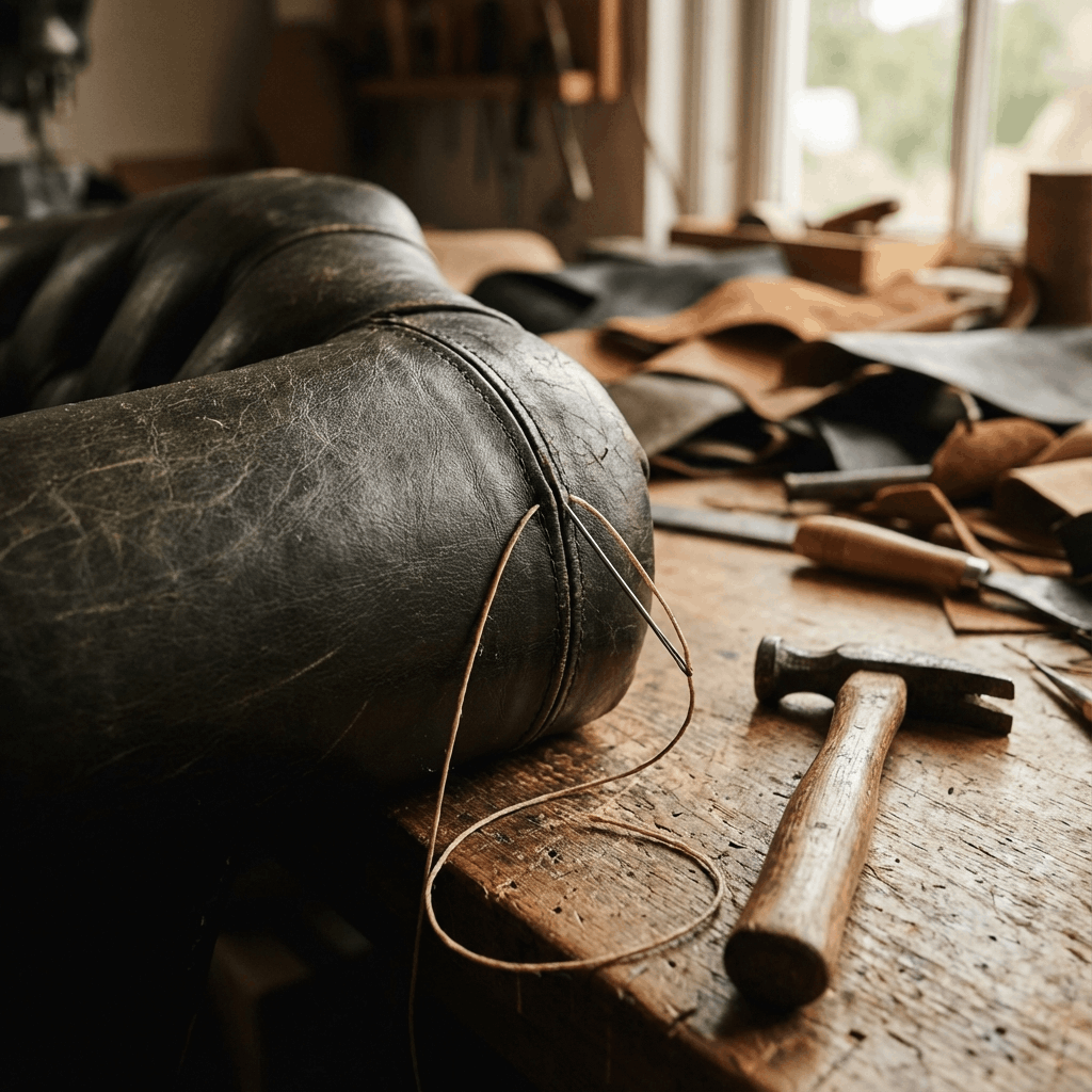 Close-up of hand-stitching and traditional tools